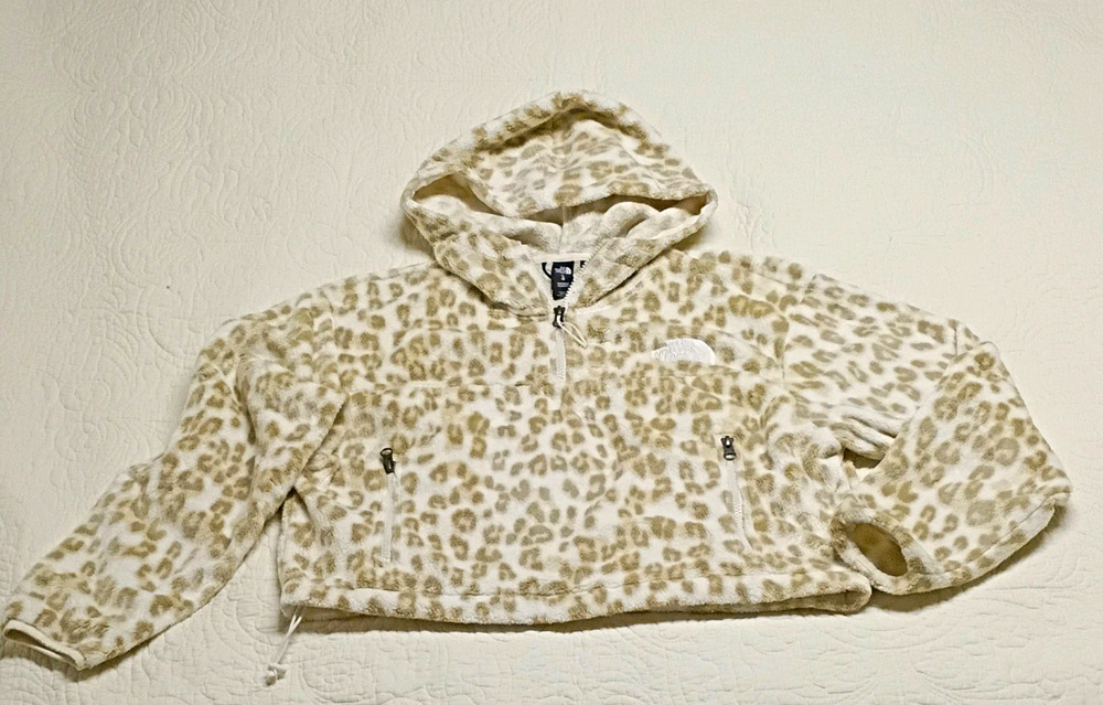 The North Face Womens Large Cropped Fleece Hoodie Snow Leopard Print Quarter Zip